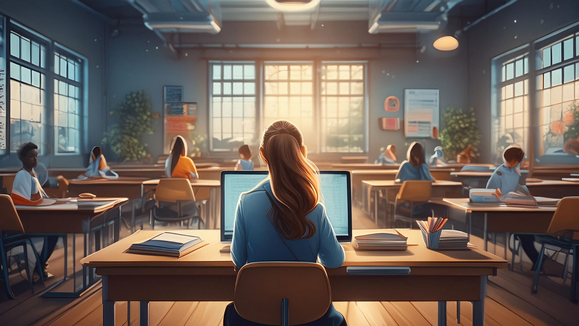 AI-genererad bild av ett klassrum med ett nästan tecknat utseende som visar ett lugnt och fridfullt klassrum med elever som vetter bort från oss. Flickan i förgrunden verkar titta på en stor datorskärm.
